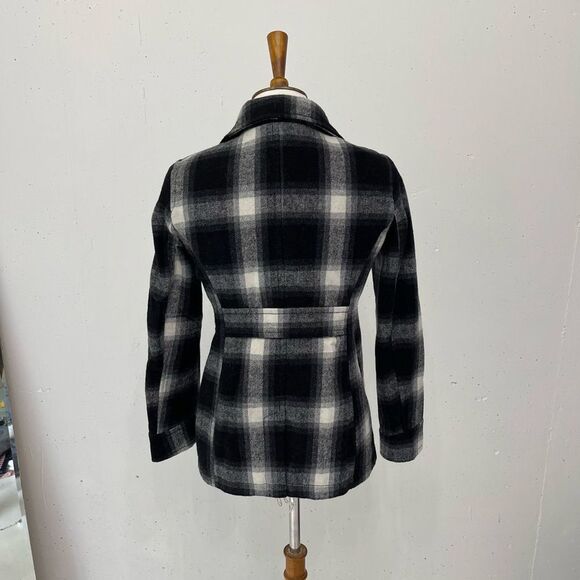 Old Navy black cream plaid winter pea coat double breasted xs small - Picture 3 of 10